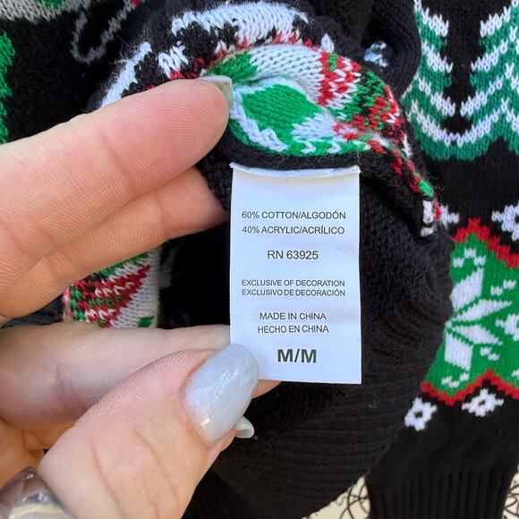 Ugly Christmas Sweater Tree Rex Dinosaur Fair Isle Black Green MEDIUM - Picture 4 of 8